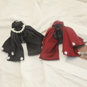 Satin Bow Hair Claw With Rose Flower Faux Artificial Pearl Rhinestone French Elegant Large Shark Clip For Women Daily Party Hair Accessory