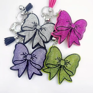 Porte-clés Nœud en Strass de Mode Porte-clés Nœud en Cristal Étincelant Avec Gland en Cuir Clochette Charme de Sac Femme