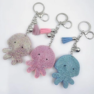 Cartoon Octopus Rhinestone Keychain With Faux Leather Tassel Zinc Alloy Cute Sea Animal Bag Pendant For Women Key Ring