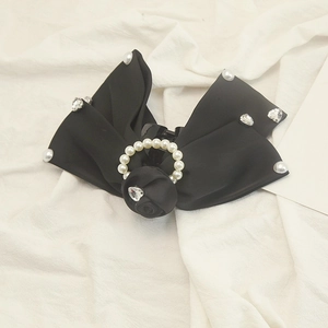 Elegant black satin bow hair claw clip with rose flower, faux pearls and crystals