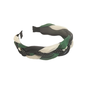 Serre-tête tressé élégant en satin vert et blanc avec strass noirs pour femmes