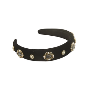 Vintage Baroque velvet headband with grey gemstones and pearl floral clusters