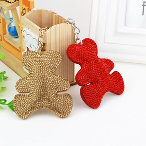 Fashionable sparkling rhinestone bear keychain set in red and gold with tassels
