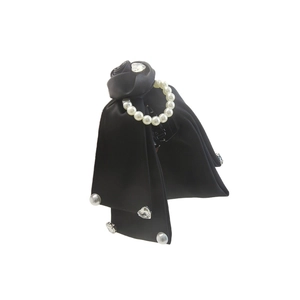 Satin bow hair claw clip with rose flower, faux pearls and heart rhinestone detail