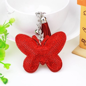Fashion Butterfly Rhinestone Keychain With Leather Tassel And Bell Shiny Alloy Bag Charm For Women Gift Decorative Accessories