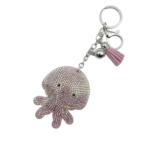 Sparkling crystal octopus keychain with colorful rhinestones and purple tassel pendant