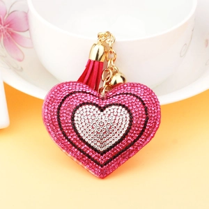 Fashion Heart Rhinestone Keychain With Tassel And Bell Heart Shaped Bag Charm For Women Elegant Alloy Key Ring Accessory