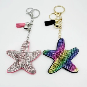 Fashion Sparkling Rhinestone Starfish Keychain With Leather Tassel And Bell Cute Sea Animal Bag Charm For Women Gift
