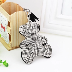 Sparkling silver rhinestone bear keychain with black leather tassel for handbag decoration