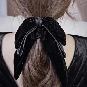 Large Velvet Bow Hair Claw Clip Elegant French Vintage Tweed Artificial Pearl Ribbon Hair Grips For Women Fashion Hair Accessories