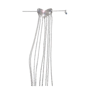 Elegant silver tassel hair pin with sparkling crystal heart and blue gemstone centerpiece