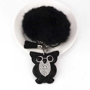 Fashion Owl Rhinestone Keychain With Artificial Fur Pom Pom And Tassel Decorative Bag Pendant For Women Accessories Gift