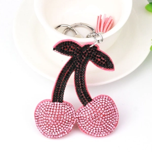 Sparkling pink rhinestone cherry keychain with tassel and silver metal ring for handbags