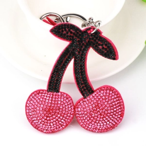 Pink and black cherry keychain with sparkling rhinestones and silver metal ring