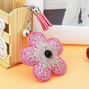 Porte-clés Fleur en Strass pour Femmes Alliage Tournesol Pendentif de Sac Mode Gland en Cuir Cloche Porte-clés Métal Cadeau