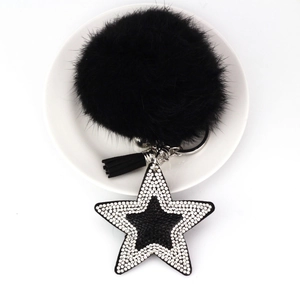 Porte-clés Étoile en Strass Pompon en Fausse Fourrure Gland en Cuir Pendentif de Sac Femme Voiture Étoile Porte-clés Accessoire