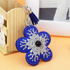 Porte-clés tournesol bleu avec strass brillants et pompon bleu pour sac à main