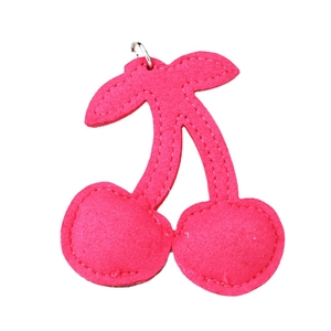 Minimalist cherry rhinestone bag charm with pink felt and metal ring decoration
