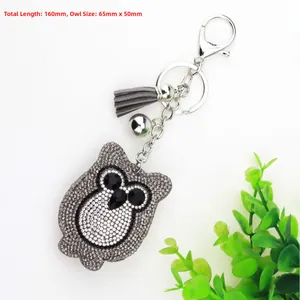 Detailed size view of rhinestone owl keychain with measurements 160mm total length