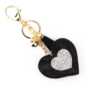 Portachiavi cuore con strass scintillanti, nappe nere e moschettone dorato