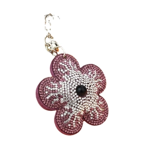 Porte-clés tournesol scintillant avec strass roses et pendentif à pompon violet