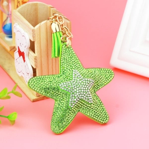 Sparkling green star crystal keychain with gold tassel for luxury handbag charm