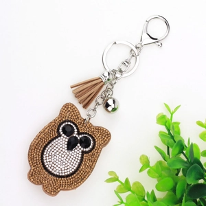 Fashionable owl keychain with sparkling rhinestones and suede tassel for bag charm