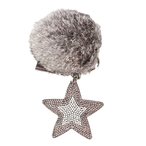 Porte-clés pompon gris en peluche avec pendentif étoile en strass étincelants