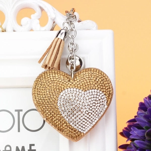 Portachiavi a cuore bicolore scintillante con strass e nappa in pelle scamosciata