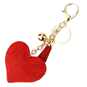 Sparkling red crystal heart keychain with matching leather tassel and gold ring