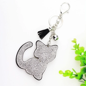Porte-clés Forme de Chat avec Strass Gland et Cloche Pendentif de Sac en Alliage pour Femme Cadeau de Mode