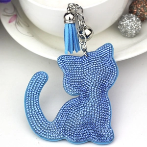 Porte-clés chat en cristal bleu scintillant avec pompon et clochette pour sacs