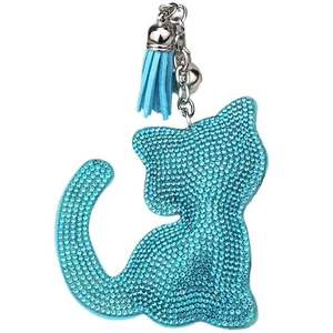 Porte-clés chat en strass bleu scintillant avec pompon en daim et clochette
