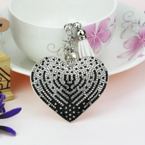 Porte-clés cœur scintillant avec strass, pompon argenté et breloque pour sac à main