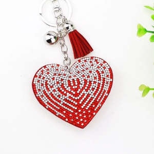 Porte-clés cœur en strass avec pompon en cuir rouge et clochette argentée pour sacs