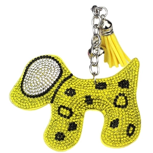 Mignon porte-clés chien jaune en strass avec pompon en cuir et clip métallique argent