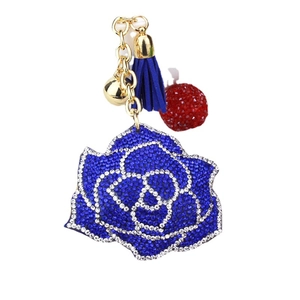 Luxury blue crystal rose keychain with navy velvet tassel and golden bell pendant