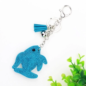 Fashion Rhinestone Animal Keychain With Leather Tassel Bell Dolphin Panda Elephant Pendant Bag Charm For Women Gift