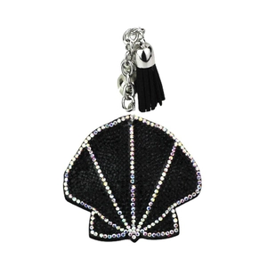 Portachiavi a conchiglia nero con strass colorati brillanti e nappa in tessuto nero di lusso