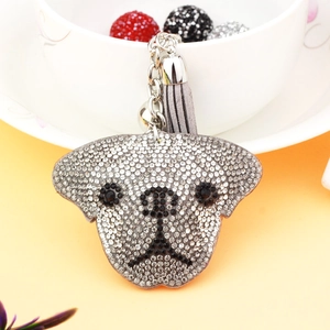 Porte-clés en Strass Tête de Chien Dessin Animé Pendentif de Sac avec Gland en Cuir et Clochette Mode pour Femmes Filles