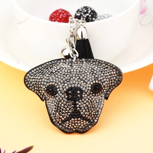 Porte-clés chien en strass avec pompon noir et clochette argentée pour sacs à main