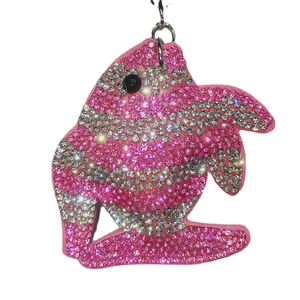 Sparkly pink dolphin keychain with crystal rhinestones and silver metal clasp for bags