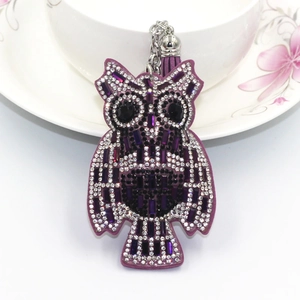 Close-up of a purple rhinestone owl keychain with shimmering crystals and soft tassel