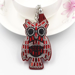 Detail of owl keychain with red and silver rhinestones, silver chain and leather tassel