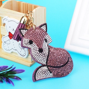 Sparkling fox rhinestone keychain with purple leather tassel and golden metal clip hook