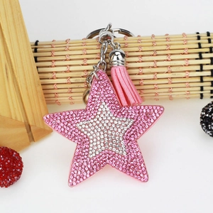 Rosa Strass-Stern-Schlüsselanhänger mit Lederquaste und silbernem Clip für Handtaschen