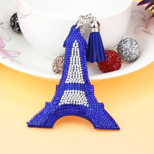 Blue Eiffel Tower keychain with shiny rhinestones and tassel detail for bag charm