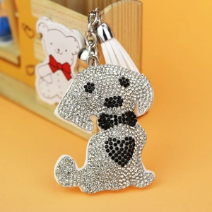 Glitter Rhinestone Dog Keychain With Tassel And Bell Sparkling Animal Bag Charm Cute Crystal Car Pendant For Women Girls Gift