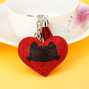 Fashion Heart Rhinestone Cat Keychain Bag Charm With Tassel Bell Alloy Sparkling Crystal Key Ring For Women Gift Jewelry