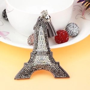 Sparkling Eiffel Tower keychain with grey tassel and silver rhinestones for bags